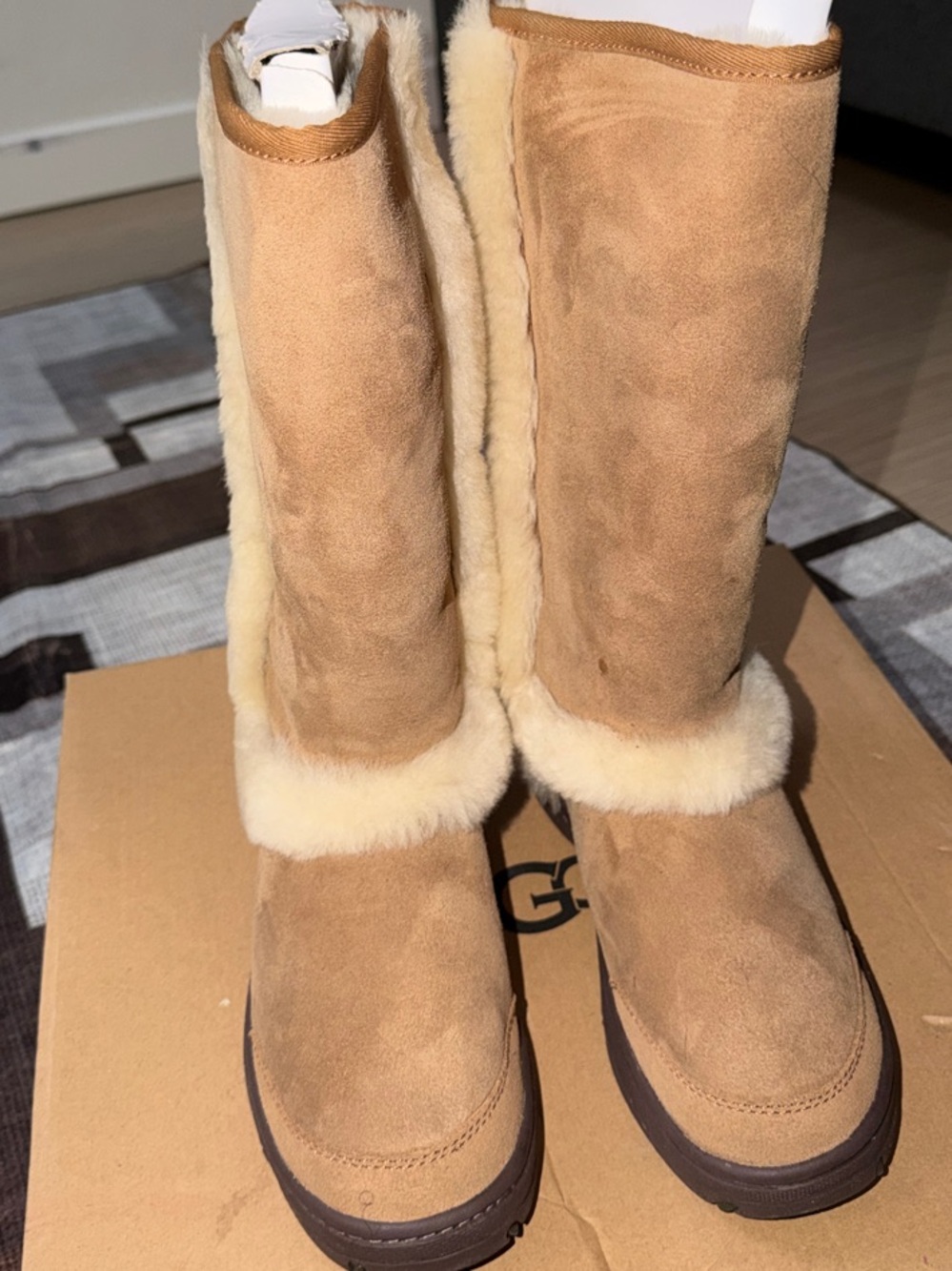 UGG Tall Shearling-Trim Suede Boots in Chestnut and Cream
